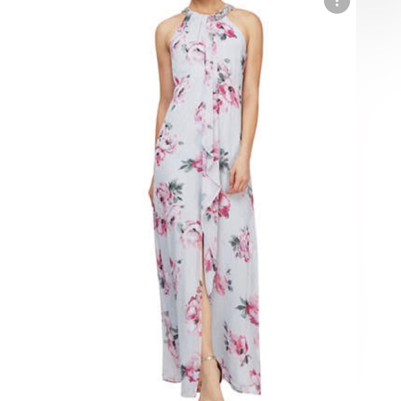 Full length beaded neck; Halter Chiffon Sleeveless Dress- Size:18 -wedding - Picture 1 of 11